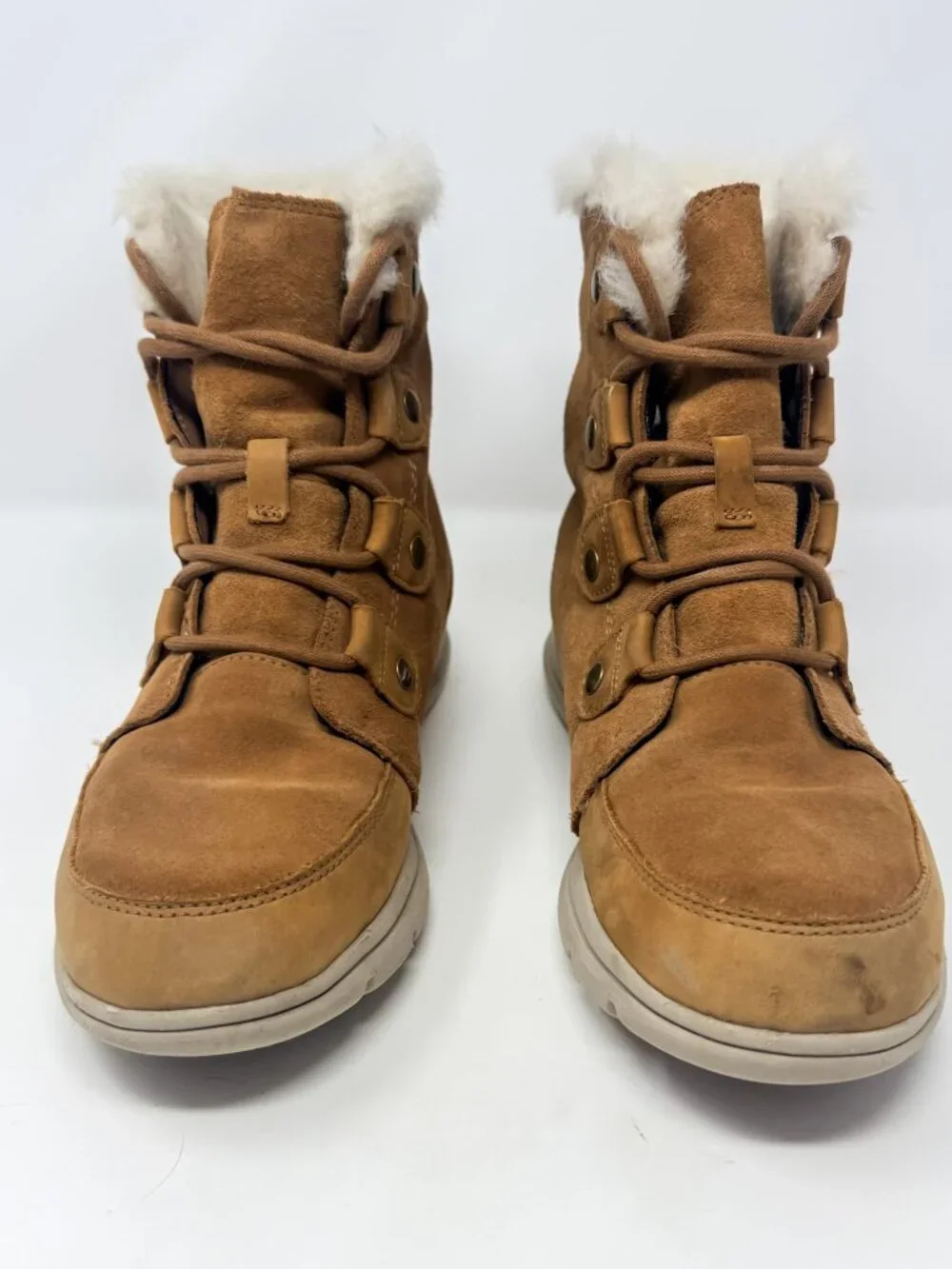 Sorel Explorer Joan Ankle Boots Women's 7.5 Tan Suede Lace Up Fur Trim NL3039